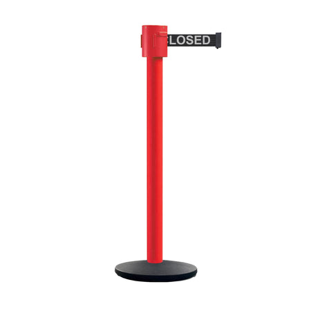 Retractable Belt Barrier Stanchion, Cast Iron Base Base, Red Post, 35 ft Belt - Montour Line MSI760 - Crowd Control Warehouse