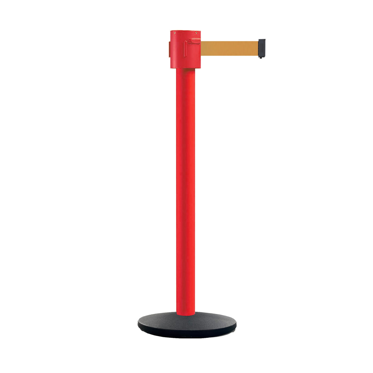Retractable Belt Barrier Stanchion, Cast Iron Base Base, Red Post, 35 ft Belt - Montour Line MSI760 - Crowd Control Warehouse