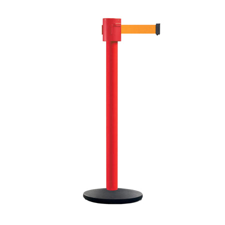 Retractable Belt Barrier Stanchion, Cast Iron Base Base, Red Post, 35 ft Belt - Montour Line MSI760 - Crowd Control Warehouse