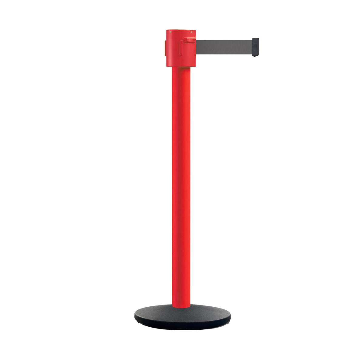 Retractable Belt Barrier Stanchion, Cast Iron Base Base, Red Post, 35 ft Belt - Montour Line MSI760 - Crowd Control Warehouse