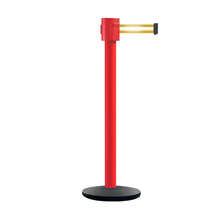 Retractable Belt Barrier Stanchion, Cast Iron Base Base, Red Post, 35 ft Belt - Montour Line MSI760 - Crowd Control Warehouse