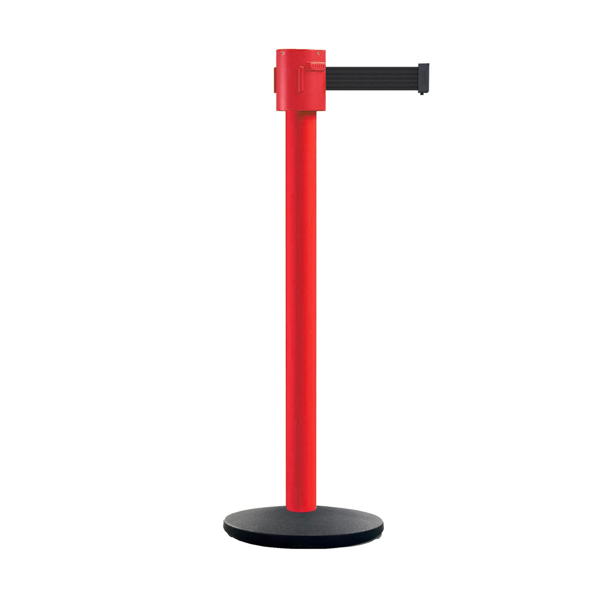 Retractable Belt Barrier Stanchion, Cast Iron Base Base, Red Post, 35 ft Belt - Montour Line MSI760 - Crowd Control Warehouse