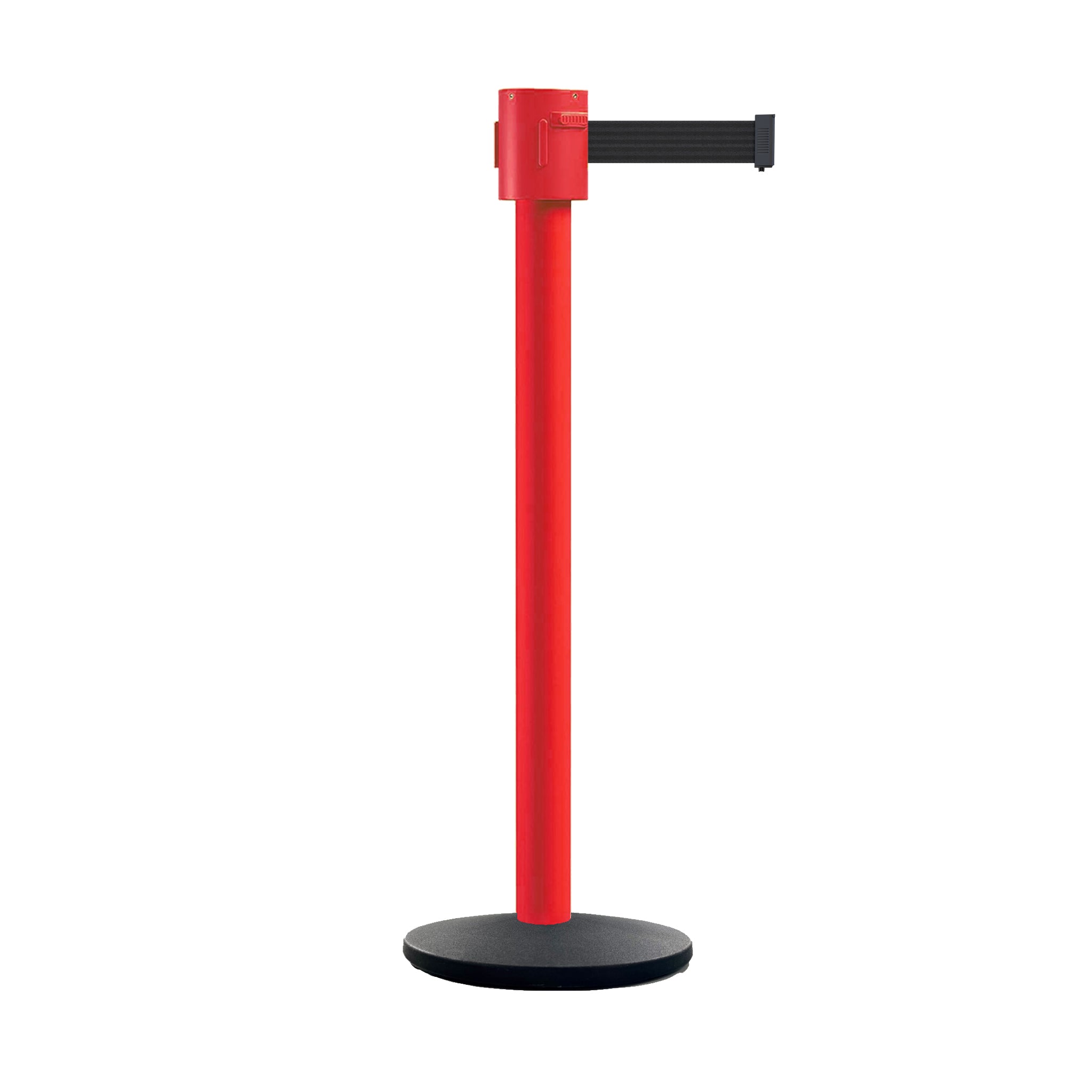Retractable Belt Barrier Stanchion, Cast Iron Base Base, Red Post, 35 ft Belt - Montour Line MSI760 - Crowd Control Warehouse