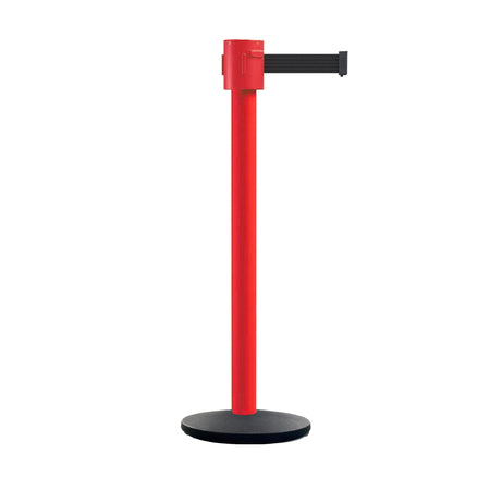 Retractable Belt Barrier Stanchion, Cast Iron Base Base, Red Post, 35 ft Belt - Montour Line MSI760 - Crowd Control Warehouse