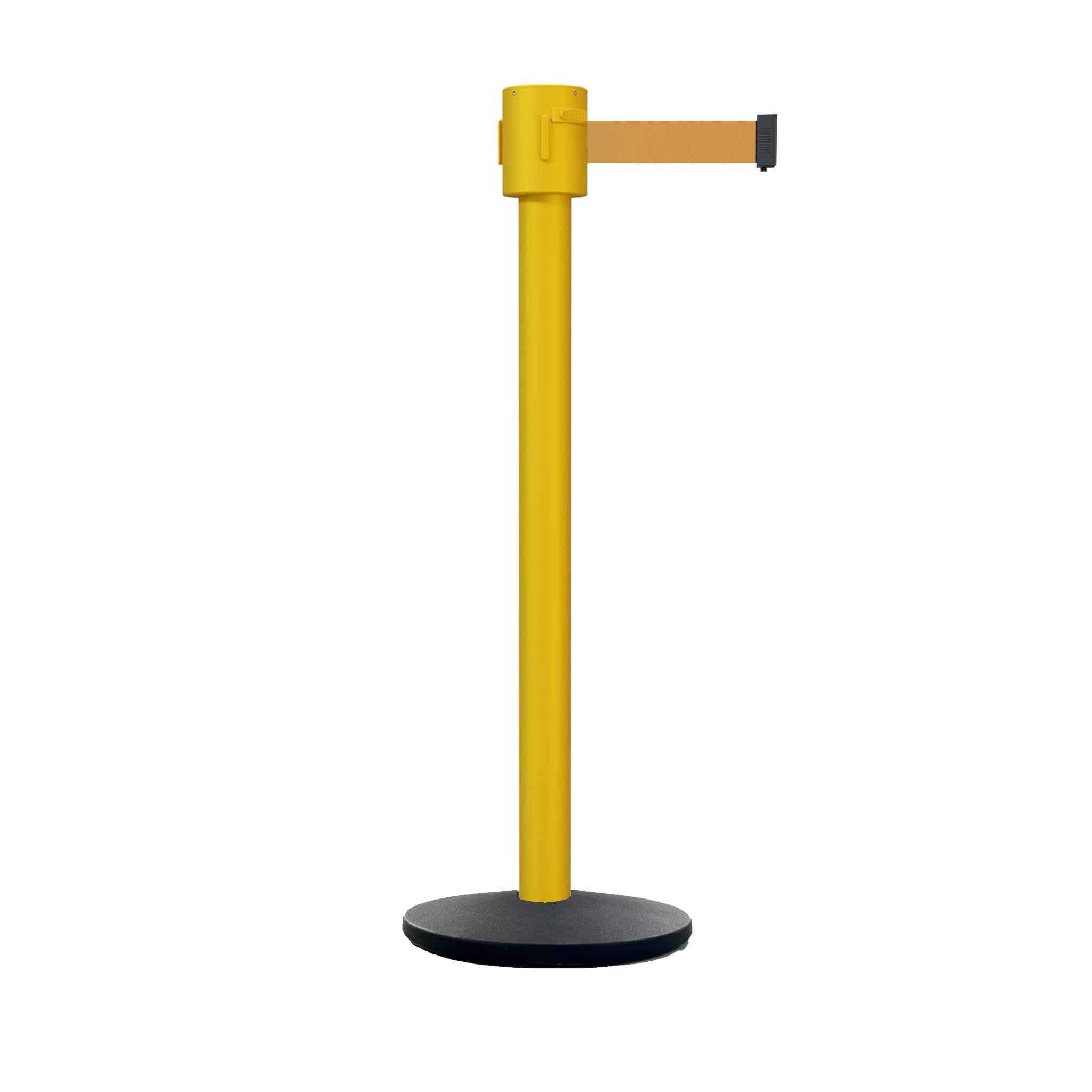 Retractable Belt Barrier Stanchion, Cast Iron Base Base, Yellow Post, 35 ft Belt - Montour Line MSI760 - Crowd Control Warehouse