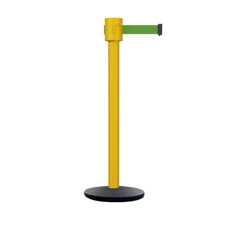 Retractable Belt Barrier Stanchion, Cast Iron Base Base, Yellow Post, 35 ft Belt - Montour Line MSI760 - Crowd Control Warehouse
