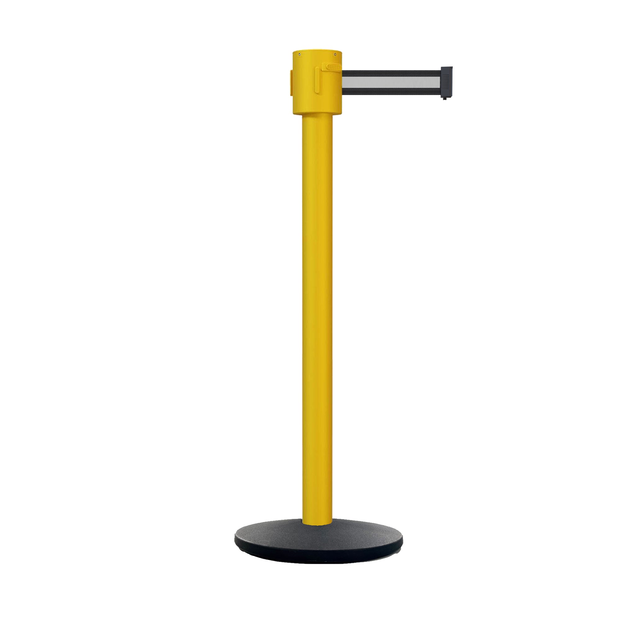 Retractable Belt Barrier Stanchion, Cast Iron Base Base, Yellow Post, 35 ft Belt - Montour Line MSI760 - Crowd Control Warehouse