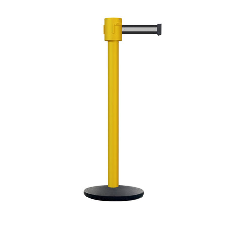 Retractable Belt Barrier Stanchion, Cast Iron Base Base, Yellow Post, 35 ft Belt - Montour Line MSI760 - Crowd Control Warehouse