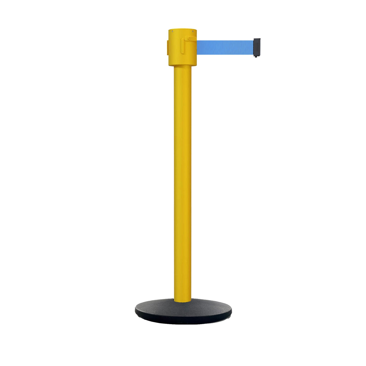 Retractable Belt Barrier Stanchion, Cast Iron Base Base, Yellow Post, 35 ft Belt - Montour Line MSI760 - Crowd Control Warehouse