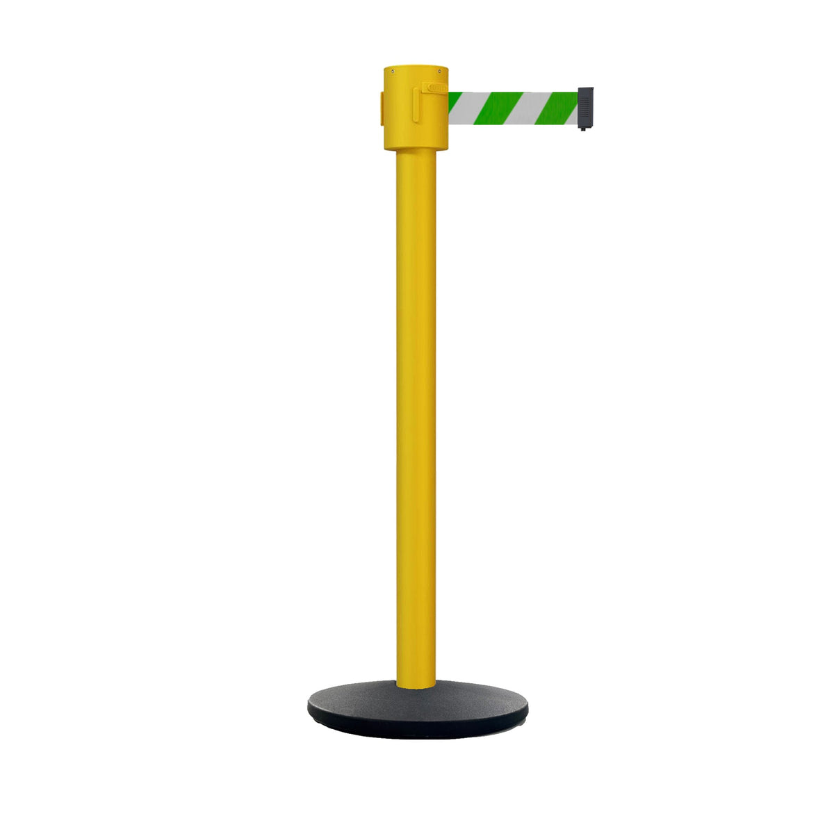 Retractable Belt Barrier Stanchion, Cast Iron Base Base, Yellow Post, 35 ft Belt - Montour Line MSI760 - Crowd Control Warehouse
