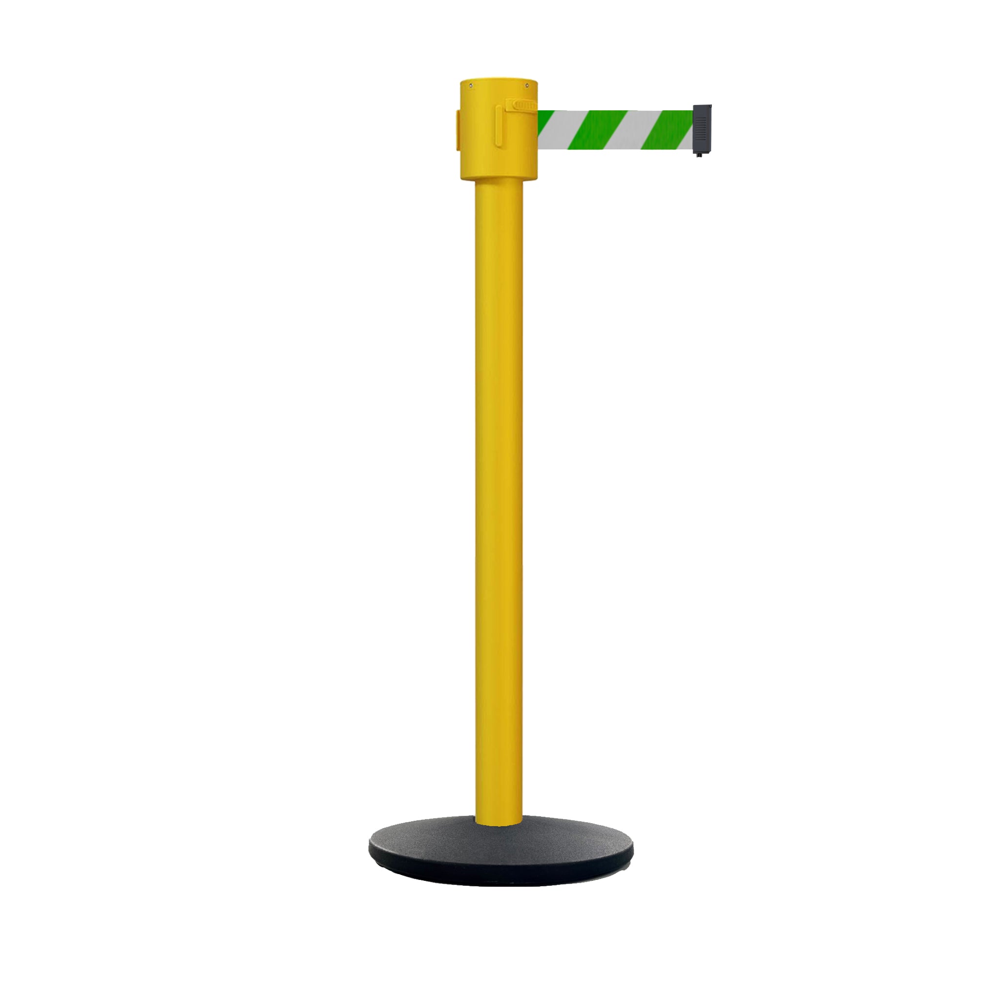 Retractable Belt Barrier Stanchion, Cast Iron Base Base, Yellow Post, 35 ft Belt - Montour Line MSI760 - Crowd Control Warehouse