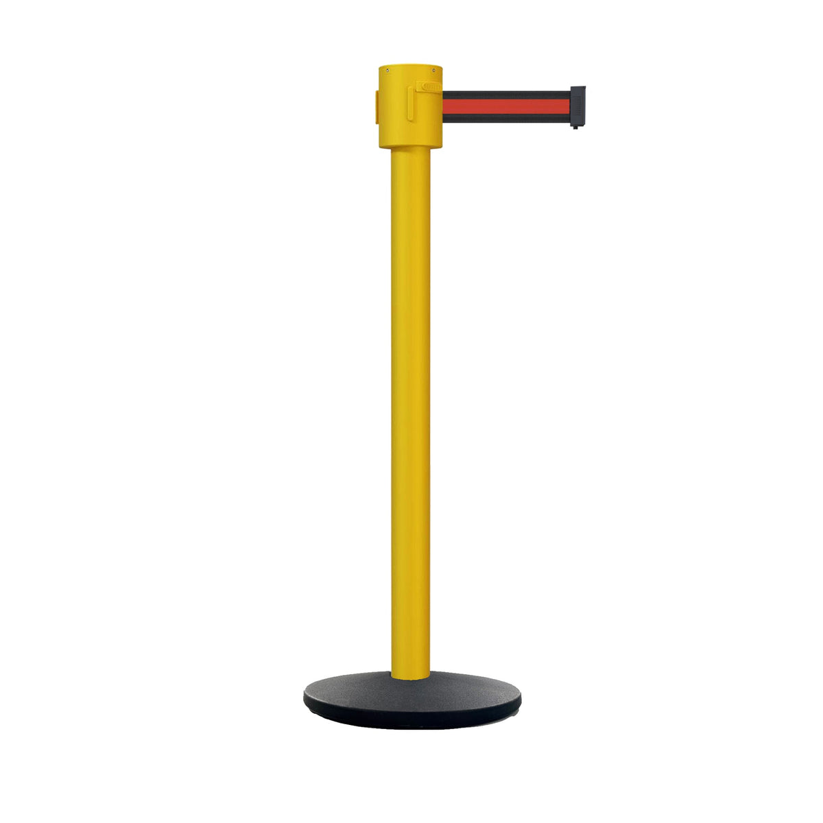 Retractable Belt Barrier Stanchion, Cast Iron Base Base, Yellow Post, 35 ft Belt - Montour Line MSI760 - Crowd Control Warehouse