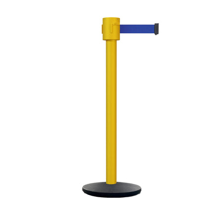 Retractable Belt Barrier Stanchion, Cast Iron Base Base, Yellow Post, 35 ft Belt - Montour Line MSI760 - Crowd Control Warehouse