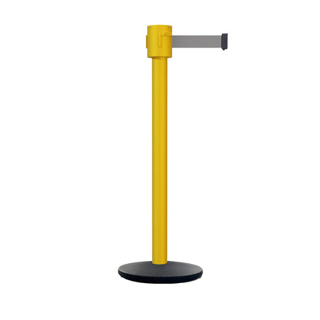 Retractable Belt Barrier Stanchion, Cast Iron Base Base, Yellow Post, 35 ft Belt - Montour Line MSI760 - Crowd Control Warehouse