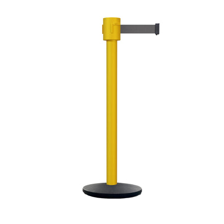 Retractable Belt Barrier Stanchion, Cast Iron Base Base, Yellow Post, 35 ft Belt - Montour Line MSI760 - Crowd Control Warehouse