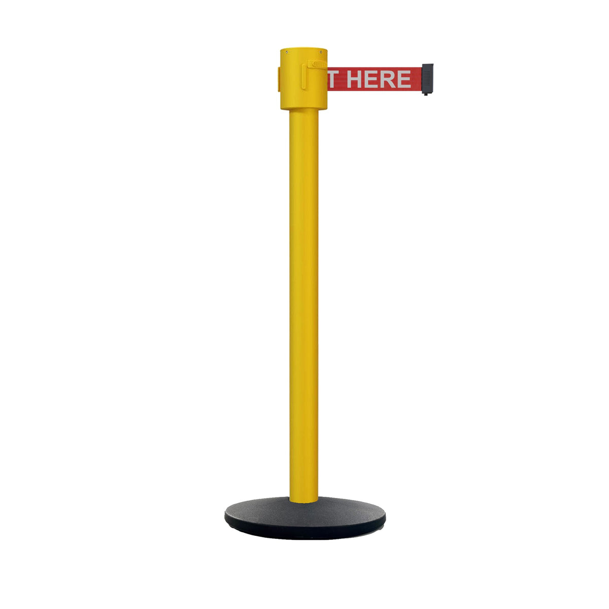 Retractable Belt Barrier Stanchion, Cast Iron Base Base, Yellow Post, 35 ft Belt - Montour Line MSI760 - Crowd Control Warehouse