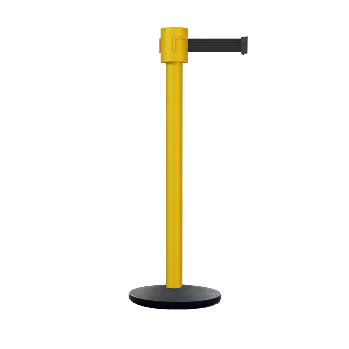 Retractable Belt Barrier Stanchion, Cast Iron Base Base, Yellow Post, 35 ft Belt - Montour Line MSI760 - Crowd Control Warehouse
