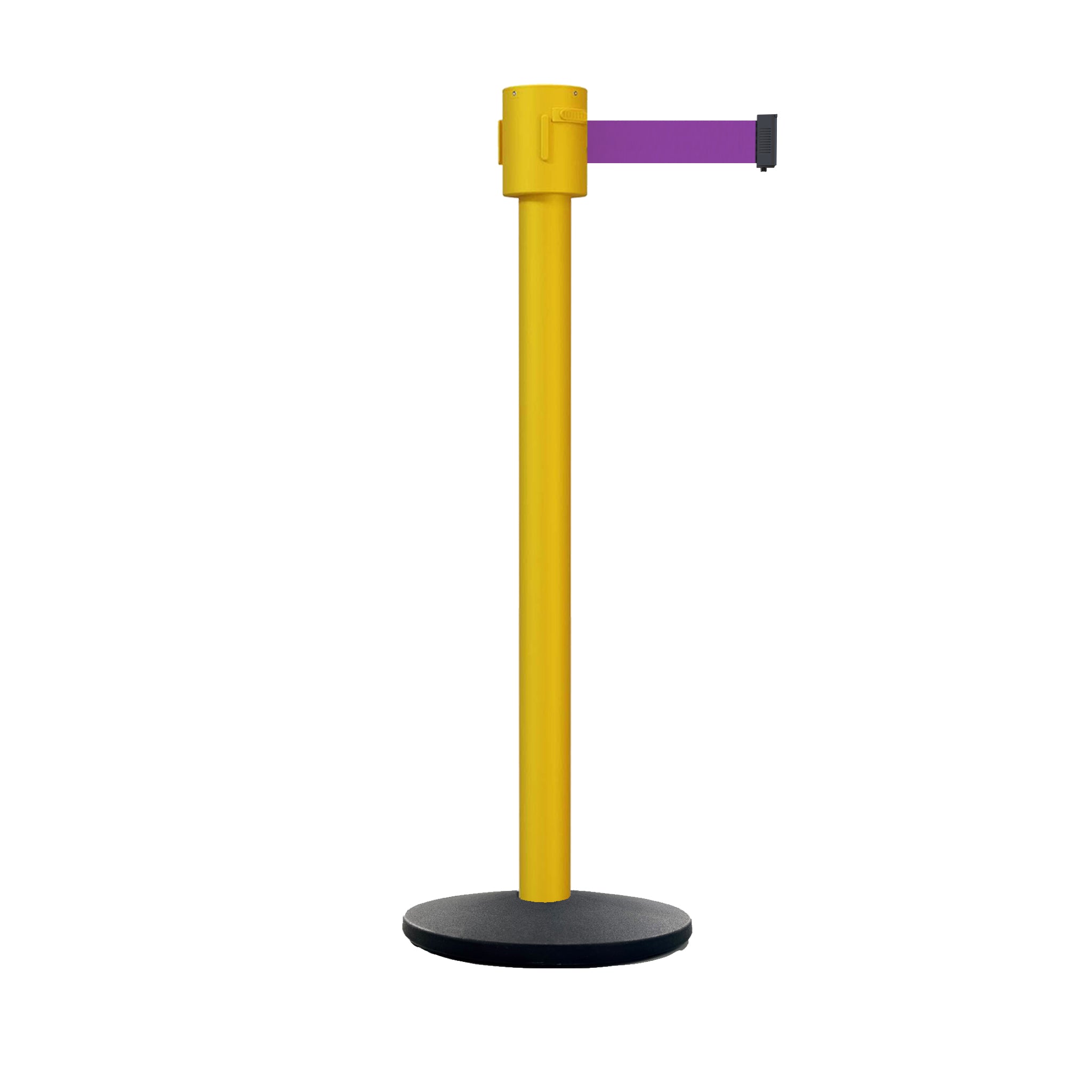 Retractable Belt Barrier Stanchion, Cast Iron Base Base, Yellow Post, 35 ft Belt - Montour Line MSI760 - Crowd Control Warehouse