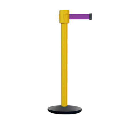 Retractable Belt Barrier Stanchion, Cast Iron Base Base, Yellow Post, 35 ft Belt - Montour Line MSI760 - Crowd Control Warehouse