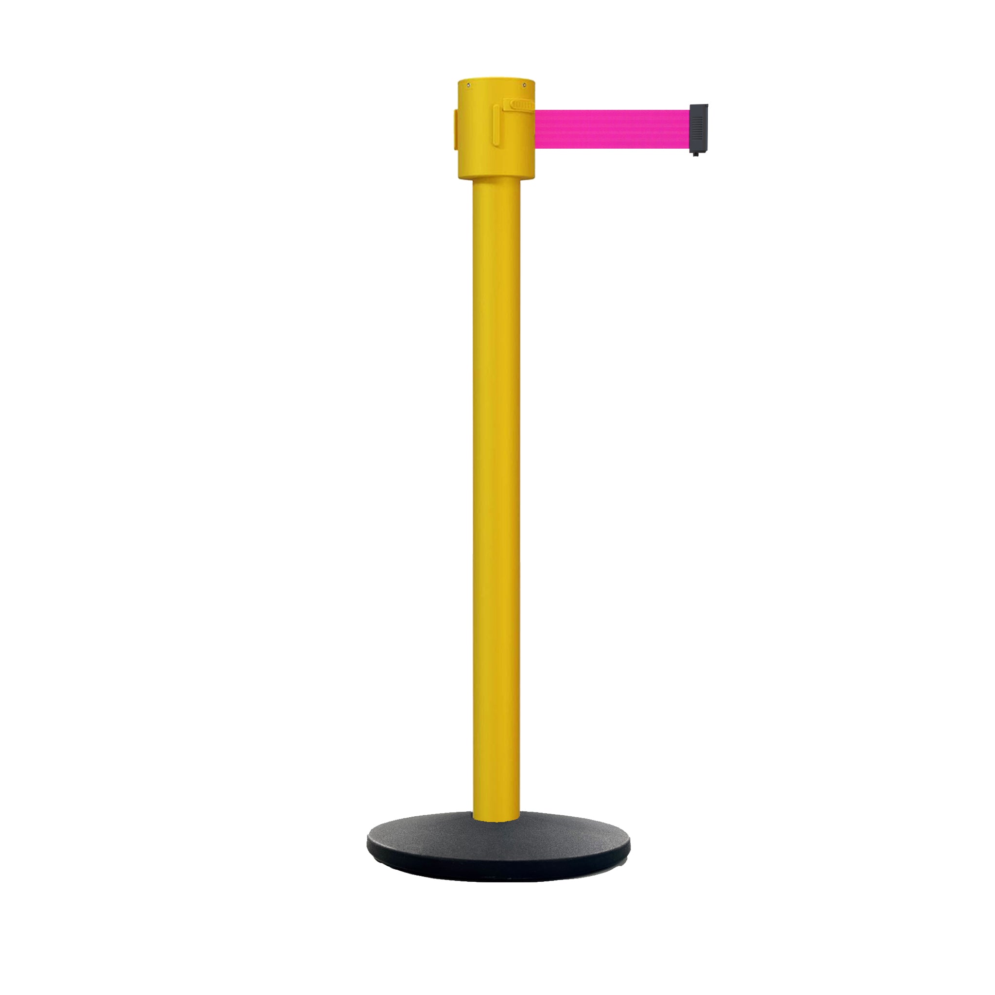 Retractable Belt Barrier Stanchion, Cast Iron Base Base, Yellow Post, 35 ft Belt - Montour Line MSI760 - Crowd Control Warehouse