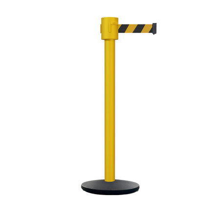 Retractable Belt Barrier Stanchion, Cast Iron Base Base, Yellow Post, 35 ft Belt - Montour Line MSI760 - Crowd Control Warehouse