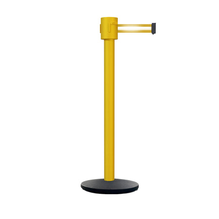 Retractable Belt Barrier Stanchion, Cast Iron Base Base, Yellow Post, 35 ft Belt - Montour Line MSI760 - Crowd Control Warehouse