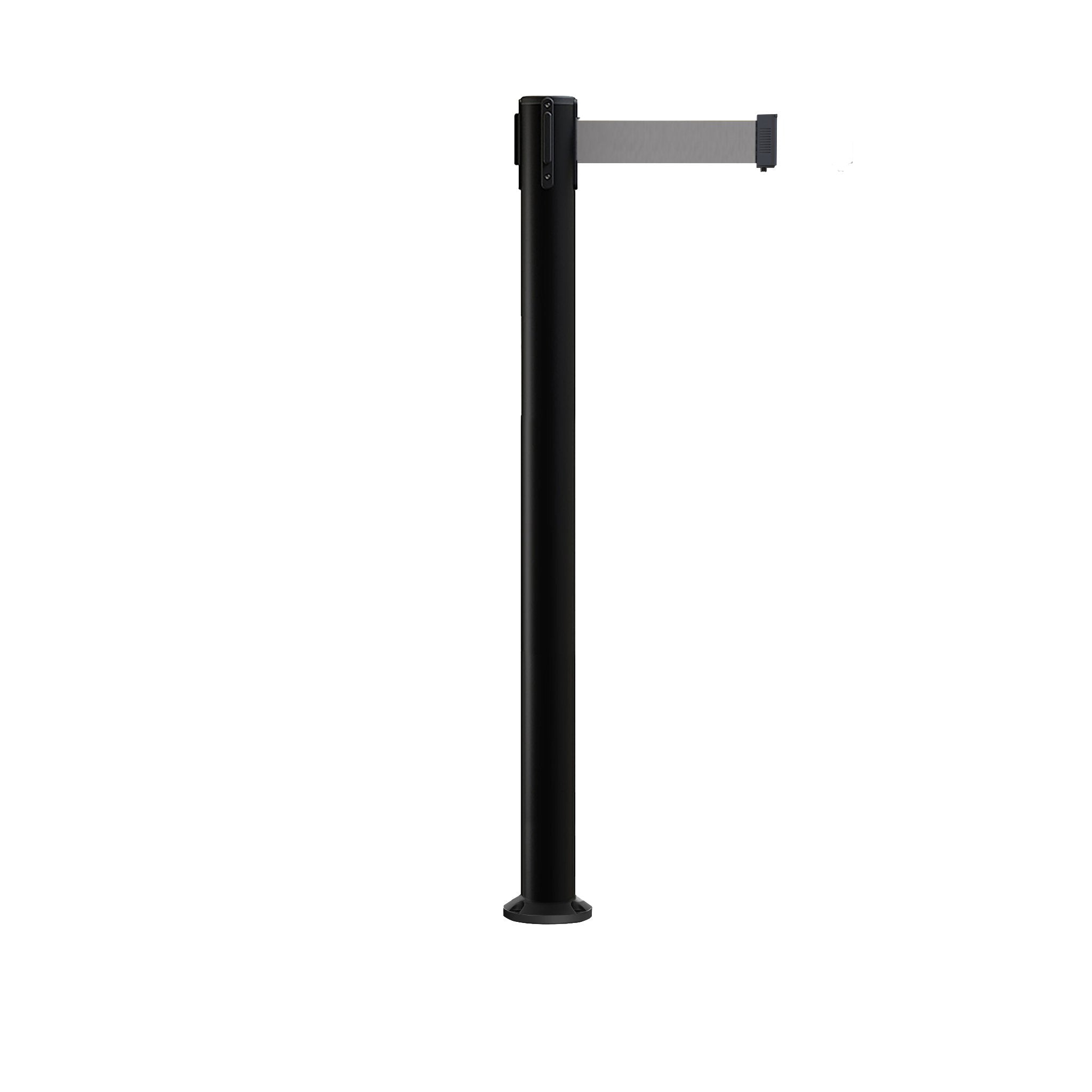 Retractable Belt Barrier Stanchion, Fixed Base, Black Post, 11 Ft. Belt - Montour Line MX630F - Crowd Control Warehouse