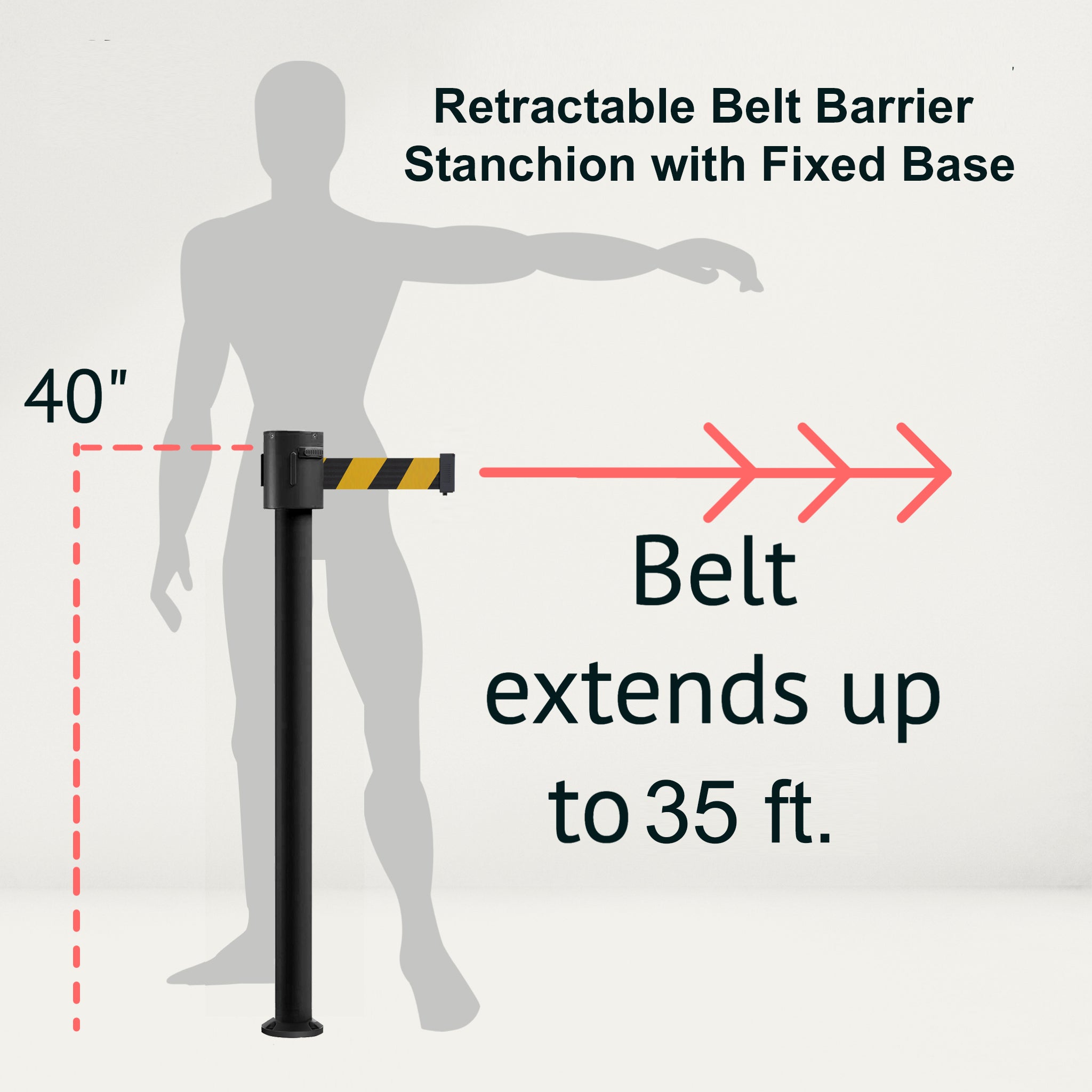 Retractable Belt Barrier Stanchion, Fixed Base, Black Powder Coated Post, 35 ft Belt - Montour Line MX760F - Crowd Control Warehouse
