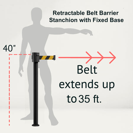 Retractable Belt Barrier Stanchion, Fixed Base, Black Powder Coated Post, 35 ft Belt - Montour Line MX760F - Crowd Control Warehouse