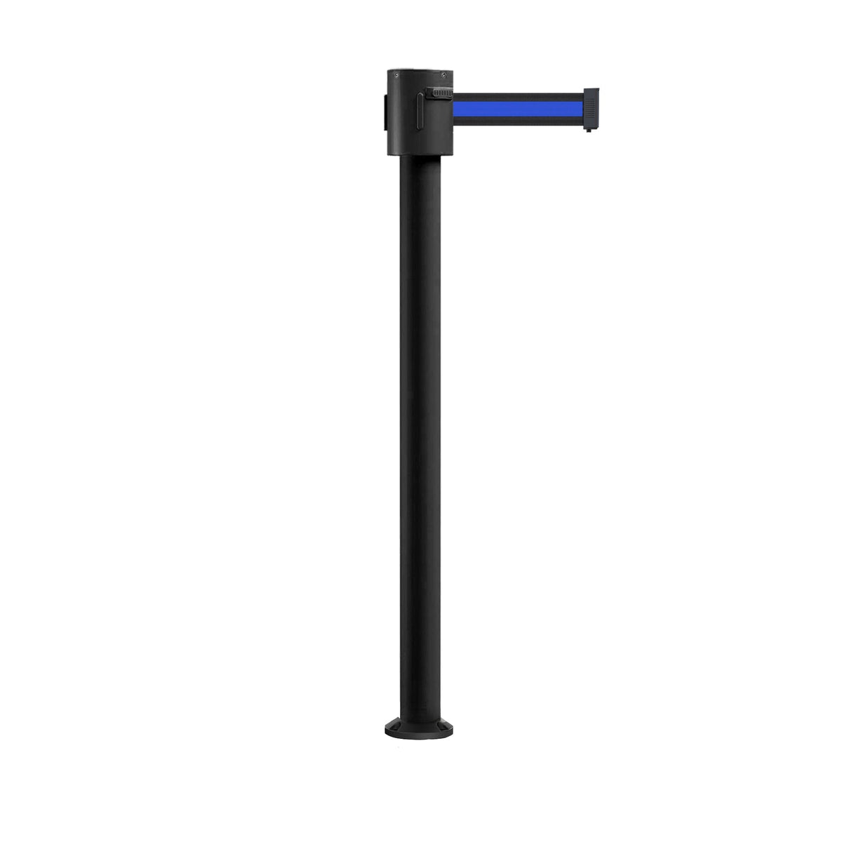 Retractable Belt Barrier Stanchion, Fixed Base, Black Powder Coated Post, 35 ft Belt - Montour Line MX760F - Crowd Control Warehouse