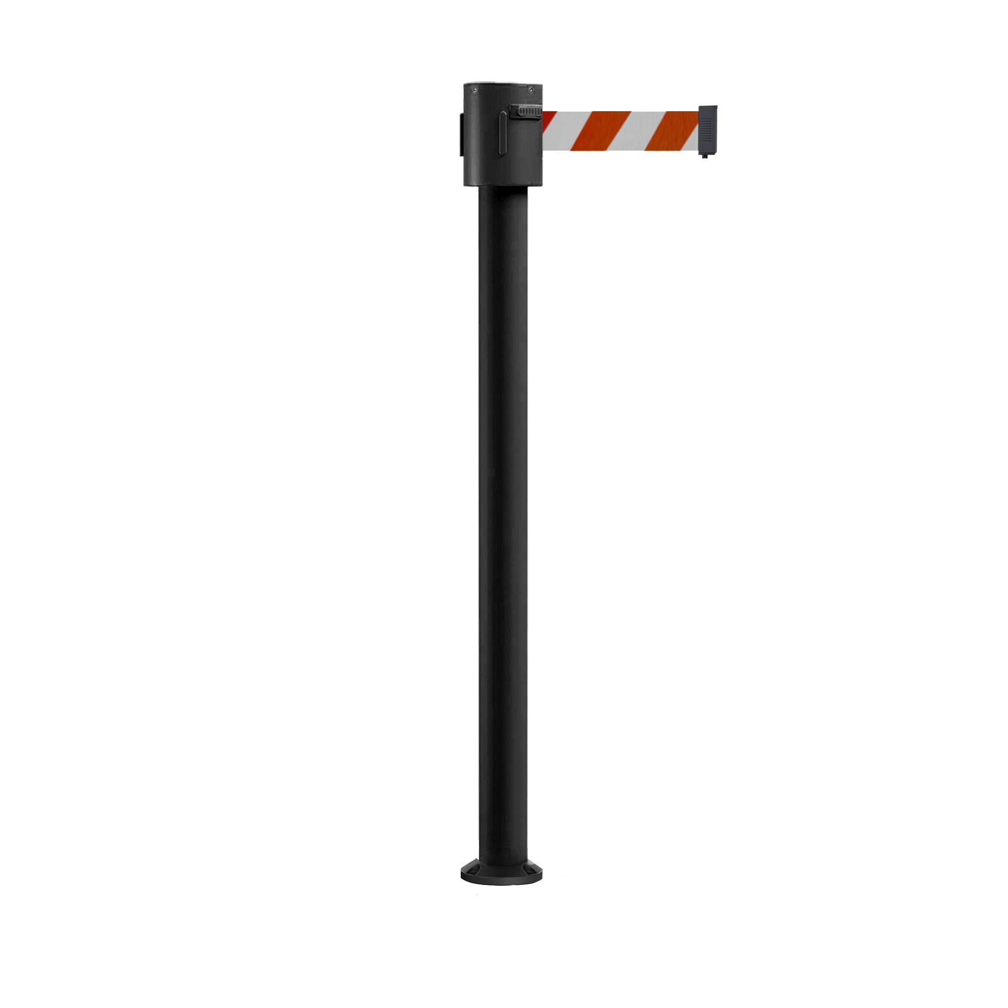 Retractable Belt Barrier Stanchion, Fixed Base, Black Powder Coated Post, 35 ft Belt - Montour Line MX760F - Crowd Control Warehouse