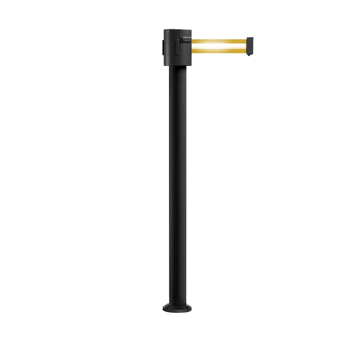 Retractable Belt Barrier Stanchion, Fixed Base, Black Powder Coated Post, 35 ft Belt - Montour Line MX760F - Crowd Control Warehouse