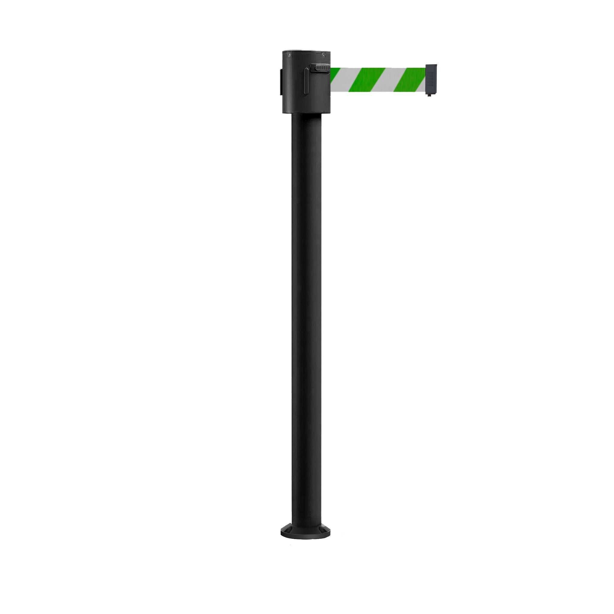 Retractable Belt Barrier Stanchion, Fixed Base, Black Powder Coated Post, 35 ft Belt - Montour Line MX760F - Crowd Control Warehouse