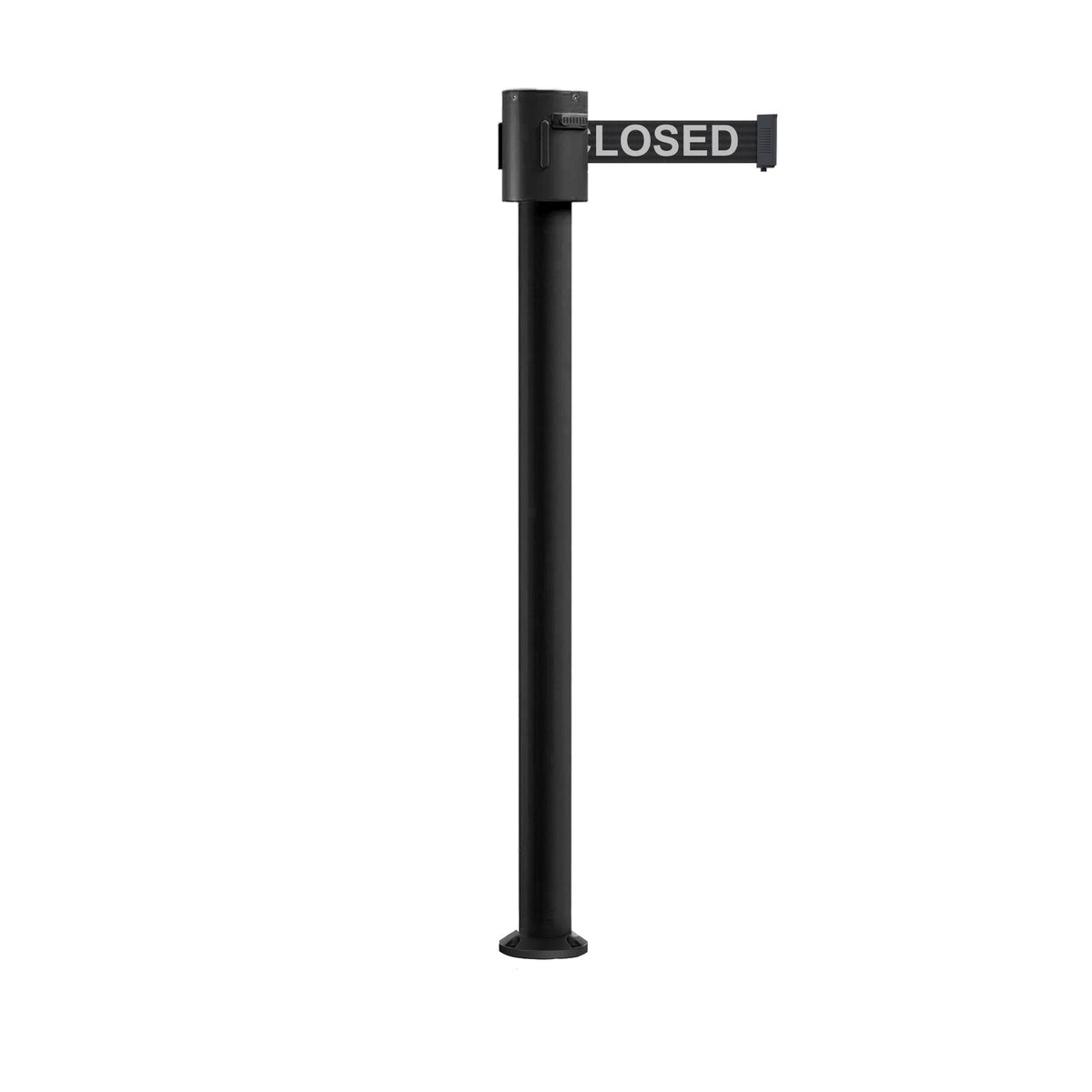 Retractable Belt Barrier Stanchion, Fixed Base, Black Powder Coated Post, 35 ft Belt - Montour Line MX760F - Crowd Control Warehouse