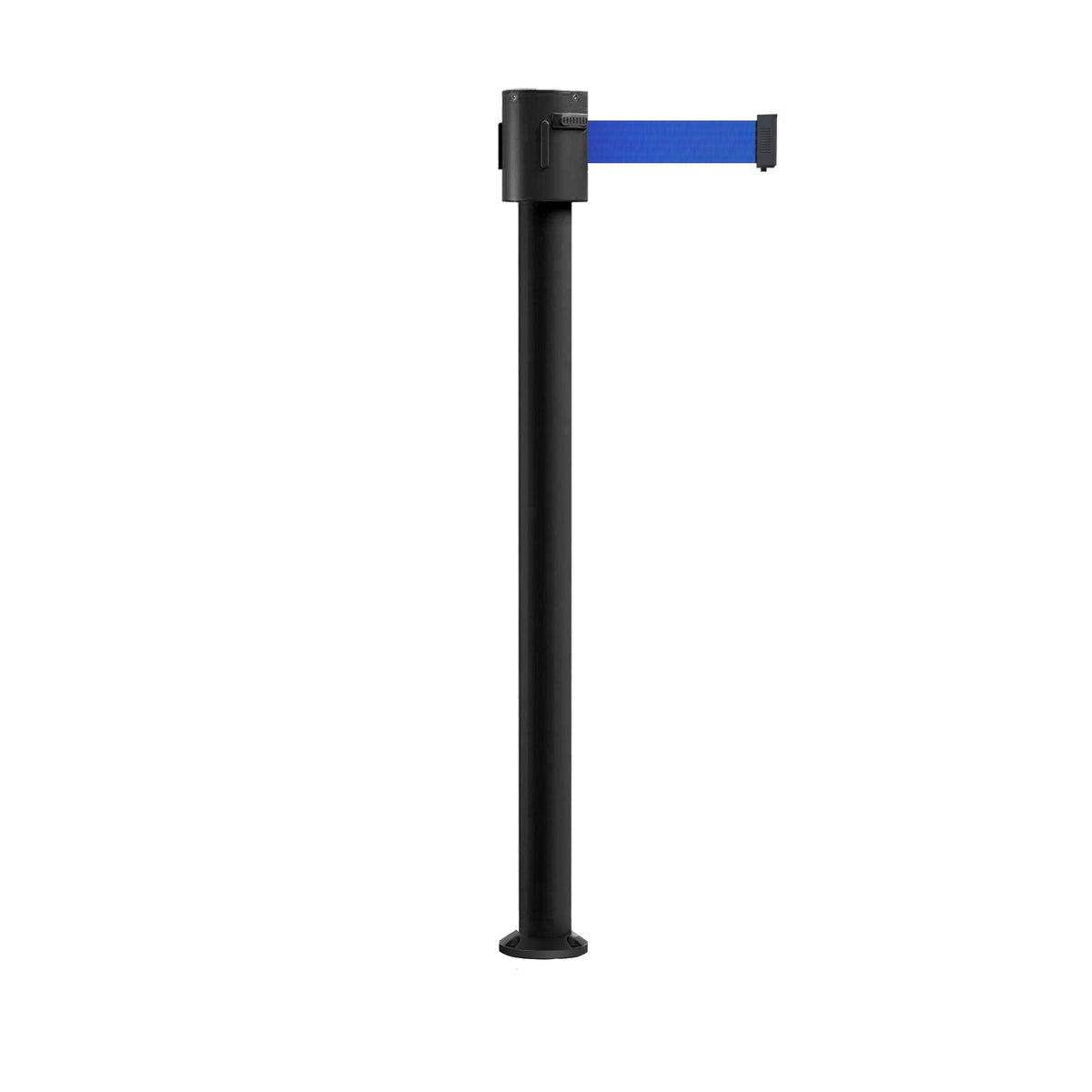 Retractable Belt Barrier Stanchion, Fixed Base, Black Powder Coated Post, 35 ft Belt - Montour Line MX760F - Crowd Control Warehouse