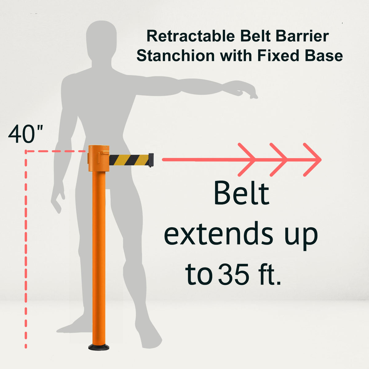 Retractable Belt Barrier Stanchion, Fixed Base, Orange Post, 35 ft Belt - Montour Line MSX760F - Crowd Control Warehouse