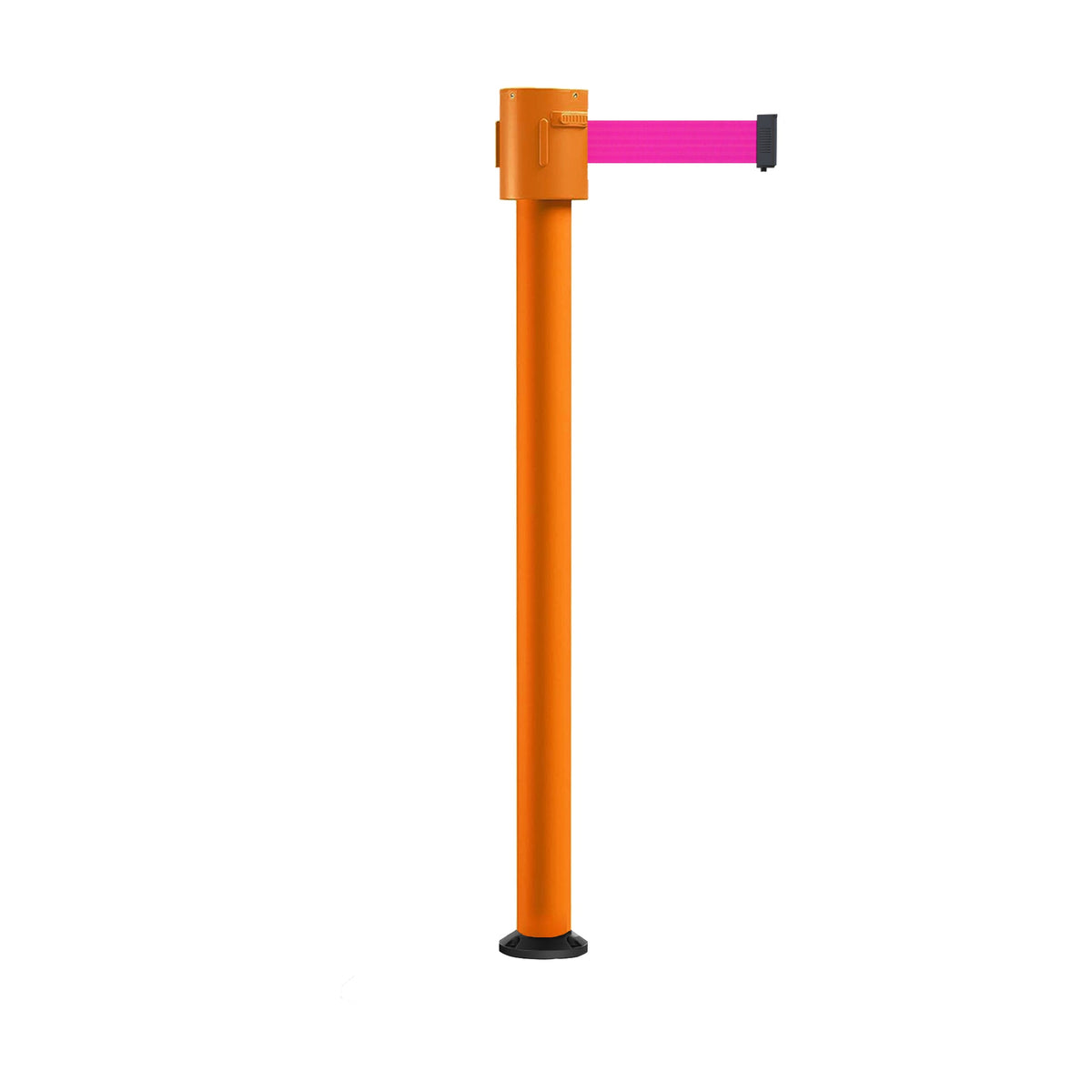 Retractable Belt Barrier Stanchion, Fixed Base, Orange Post, 35 ft Belt - Montour Line MSX760F - Crowd Control Warehouse
