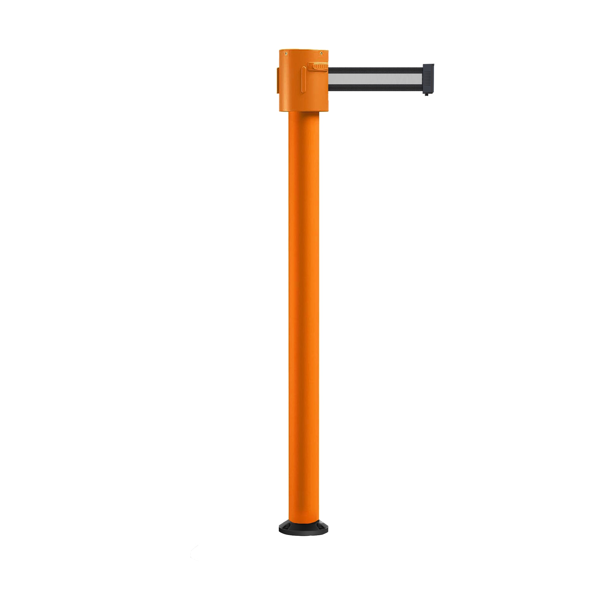 Retractable Belt Barrier Stanchion, Fixed Base, Orange Post, 35 ft Belt - Montour Line MSX760F - Crowd Control Warehouse