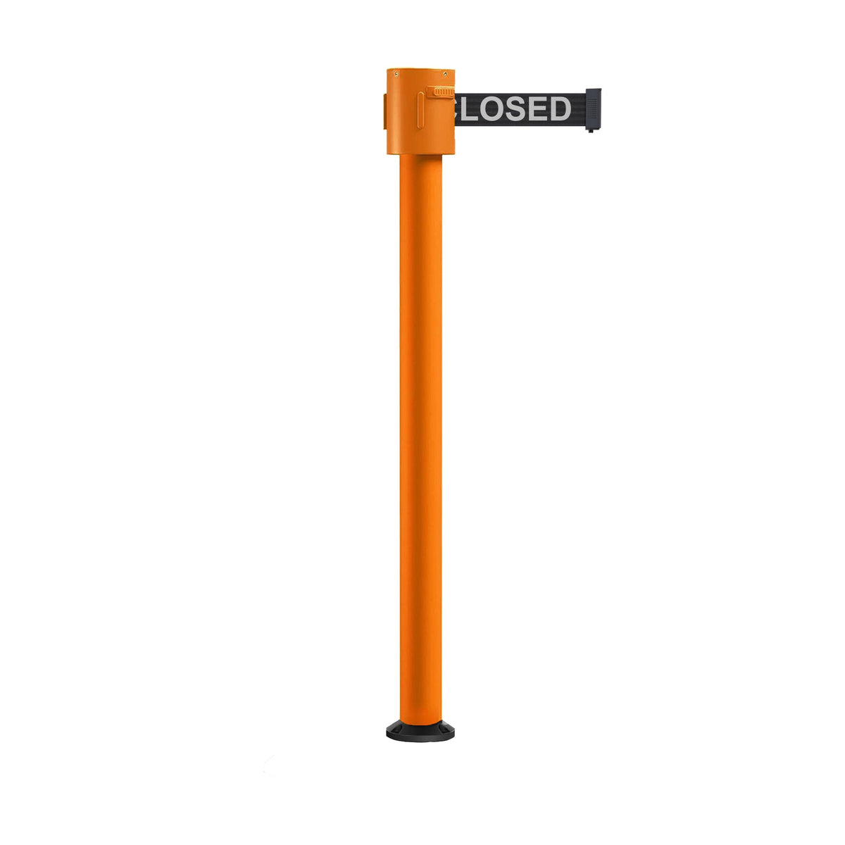 Retractable Belt Barrier Stanchion, Fixed Base, Orange Post, 35 ft Belt - Montour Line MSX760F - Crowd Control Warehouse