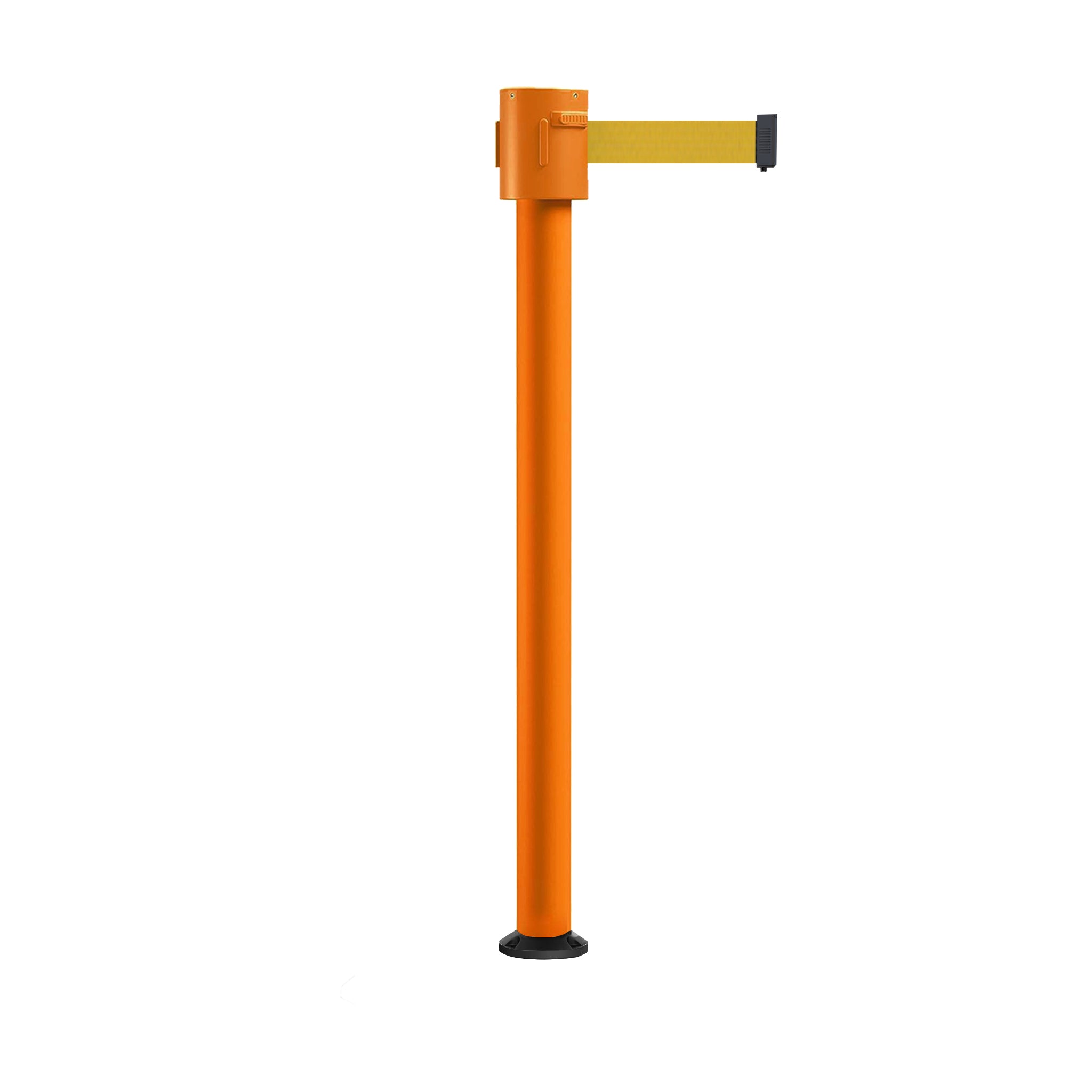 Retractable Belt Barrier Stanchion, Fixed Base, Orange Post, 35 ft Belt - Montour Line MSX760F - Crowd Control Warehouse