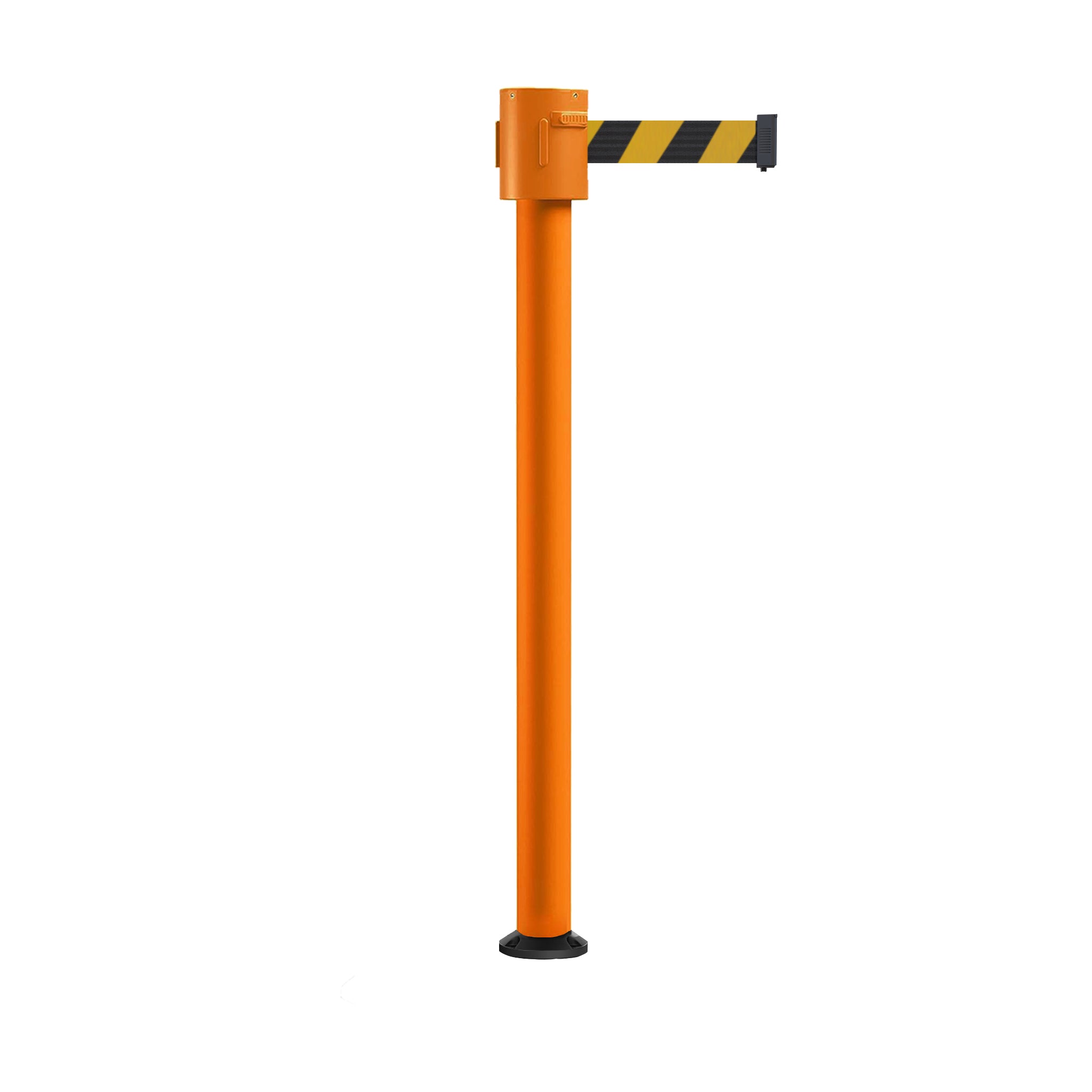 Retractable Belt Barrier Stanchion, Fixed Base, Orange Post, 35 ft Belt - Montour Line MSX760F - Crowd Control Warehouse