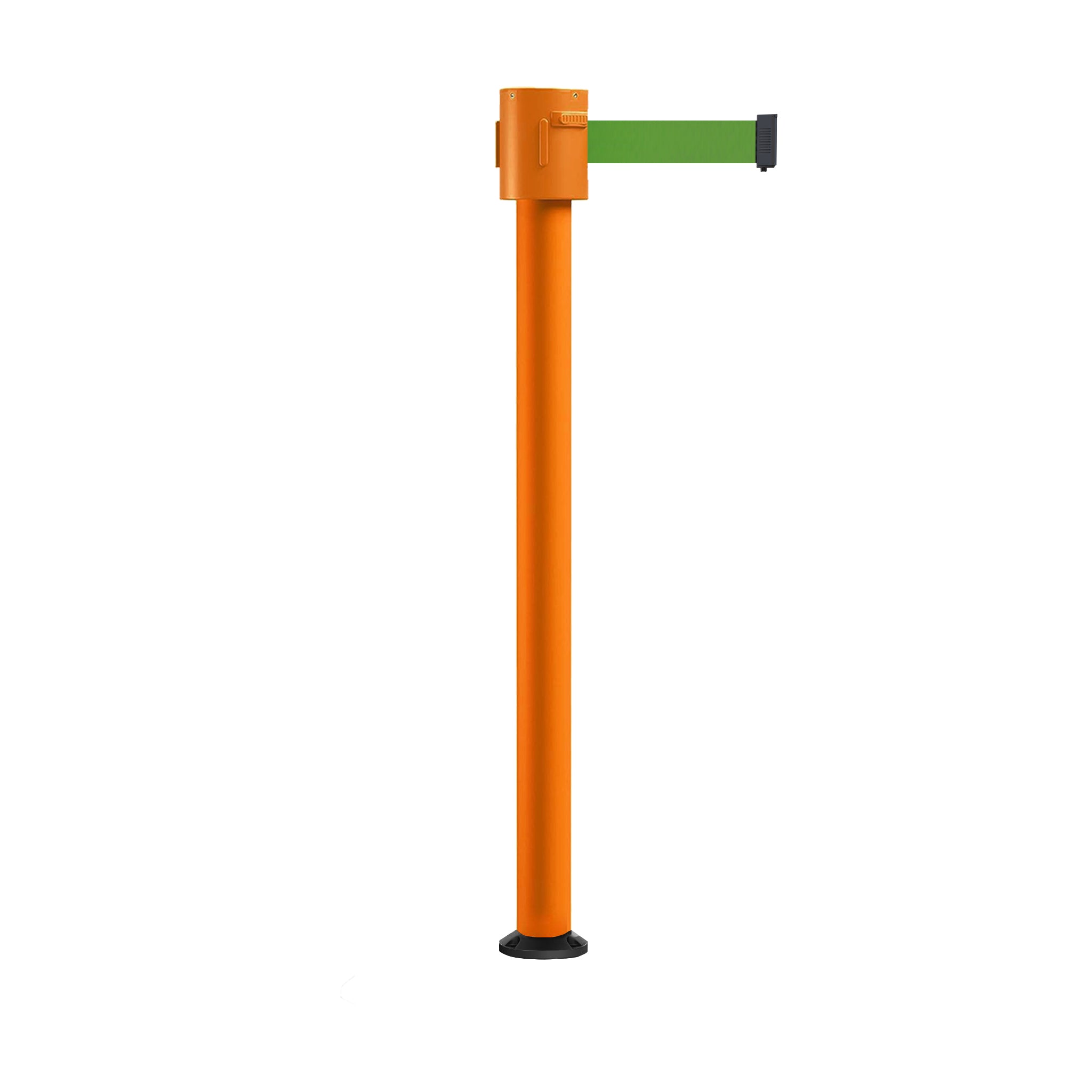 Retractable Belt Barrier Stanchion, Fixed Base, Orange Post, 35 ft Belt - Montour Line MSX760F - Crowd Control Warehouse