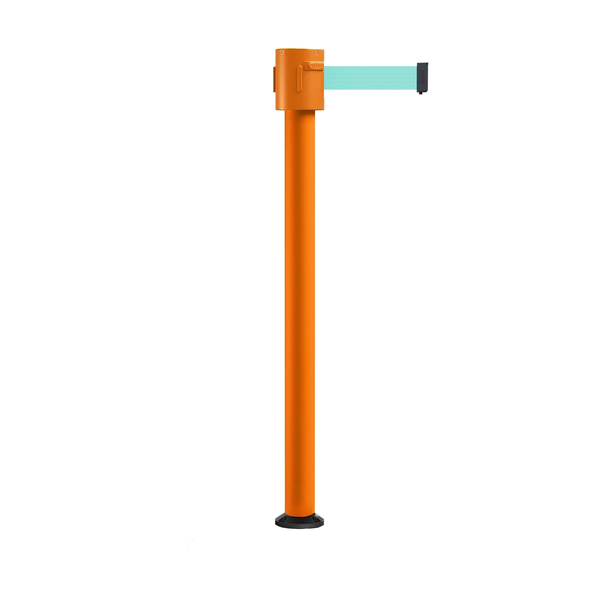 Retractable Belt Barrier Stanchion, Fixed Base, Orange Post, 35 ft Belt - Montour Line MSX760F - Crowd Control Warehouse