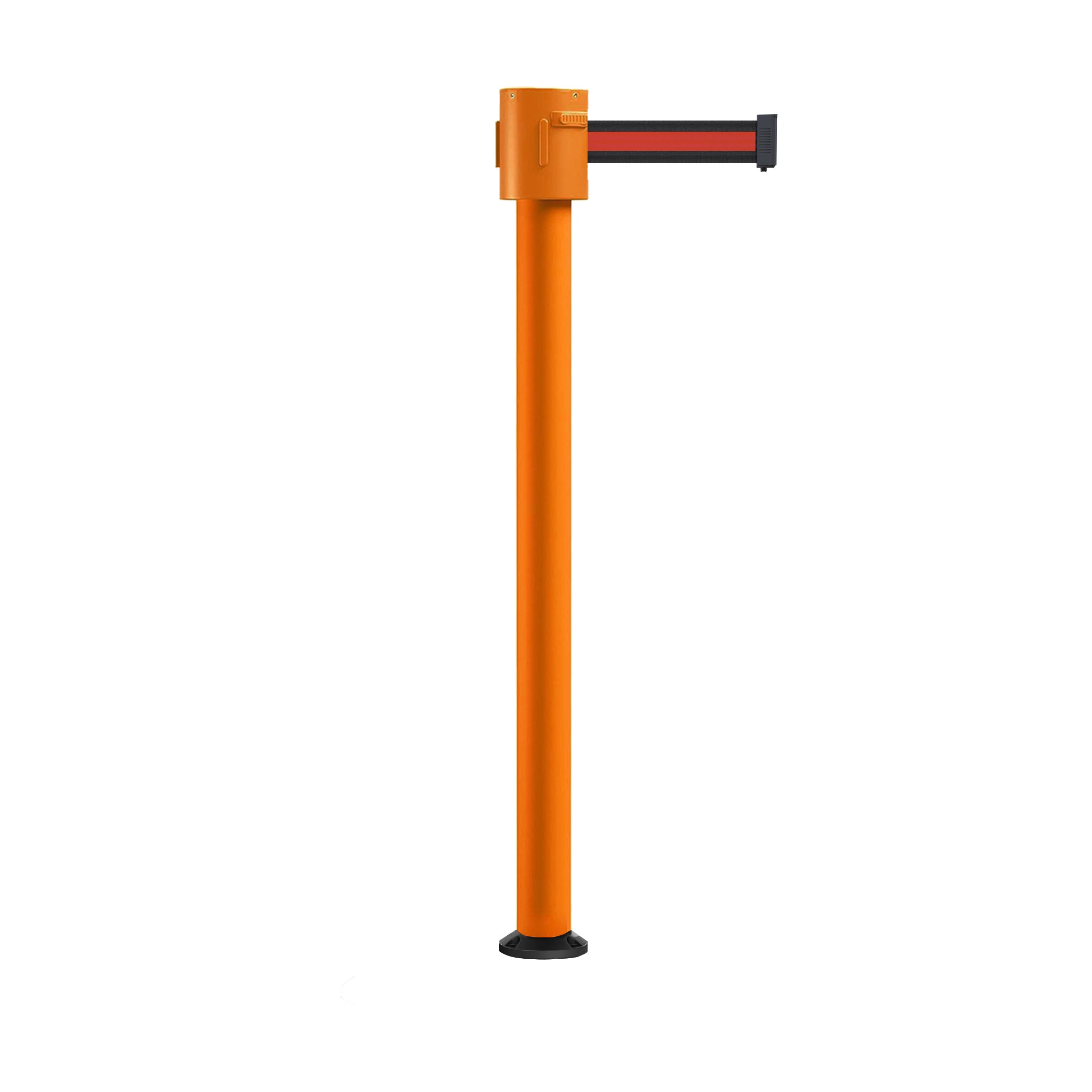 Retractable Belt Barrier Stanchion, Fixed Base, Orange Post, 35 ft Belt - Montour Line MSX760F - Crowd Control Warehouse