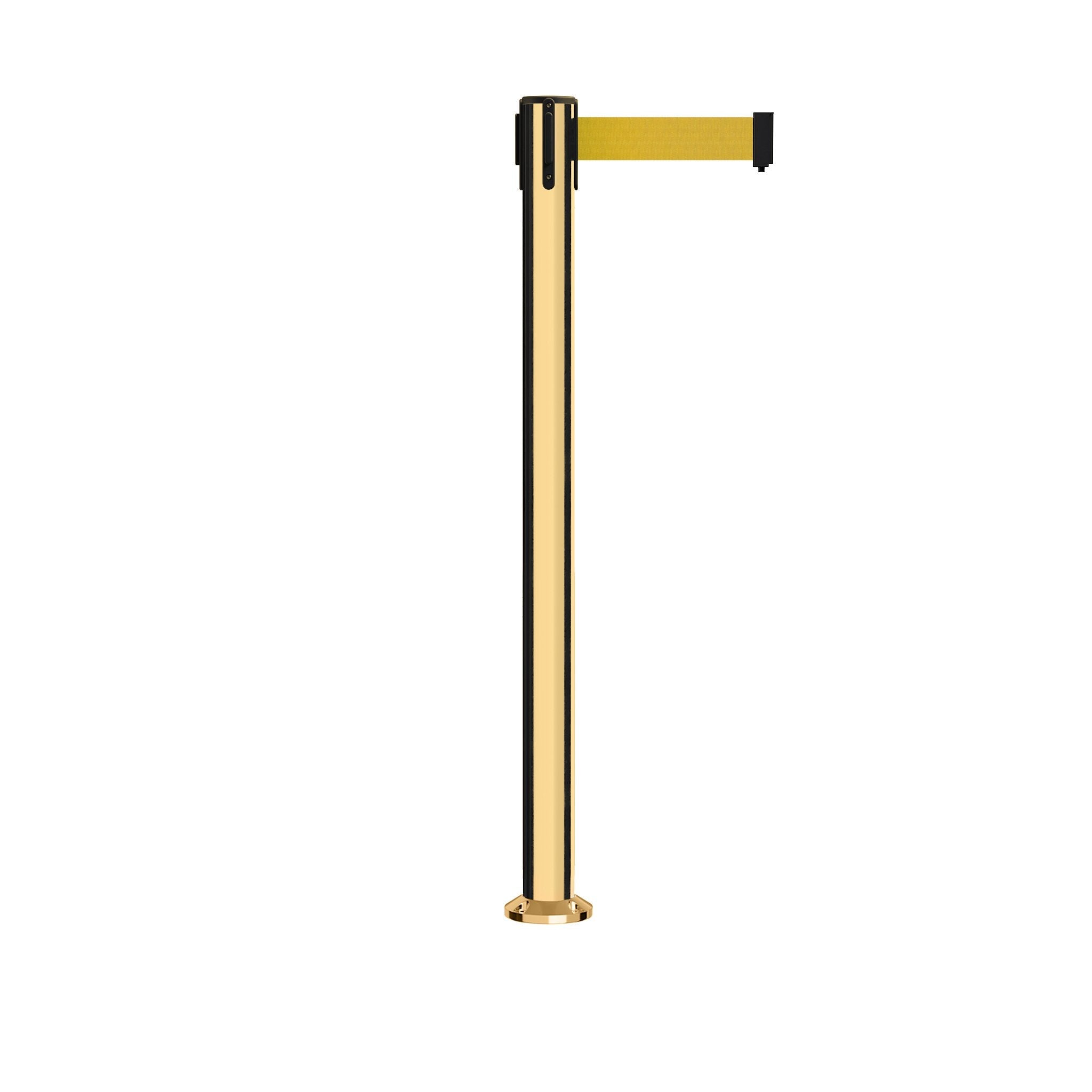 Retractable Belt Barrier Stanchion, Fixed Base, Polished Brass Post, 11 Ft. Belt - Montour Line MX630F - Crowd Control Warehouse