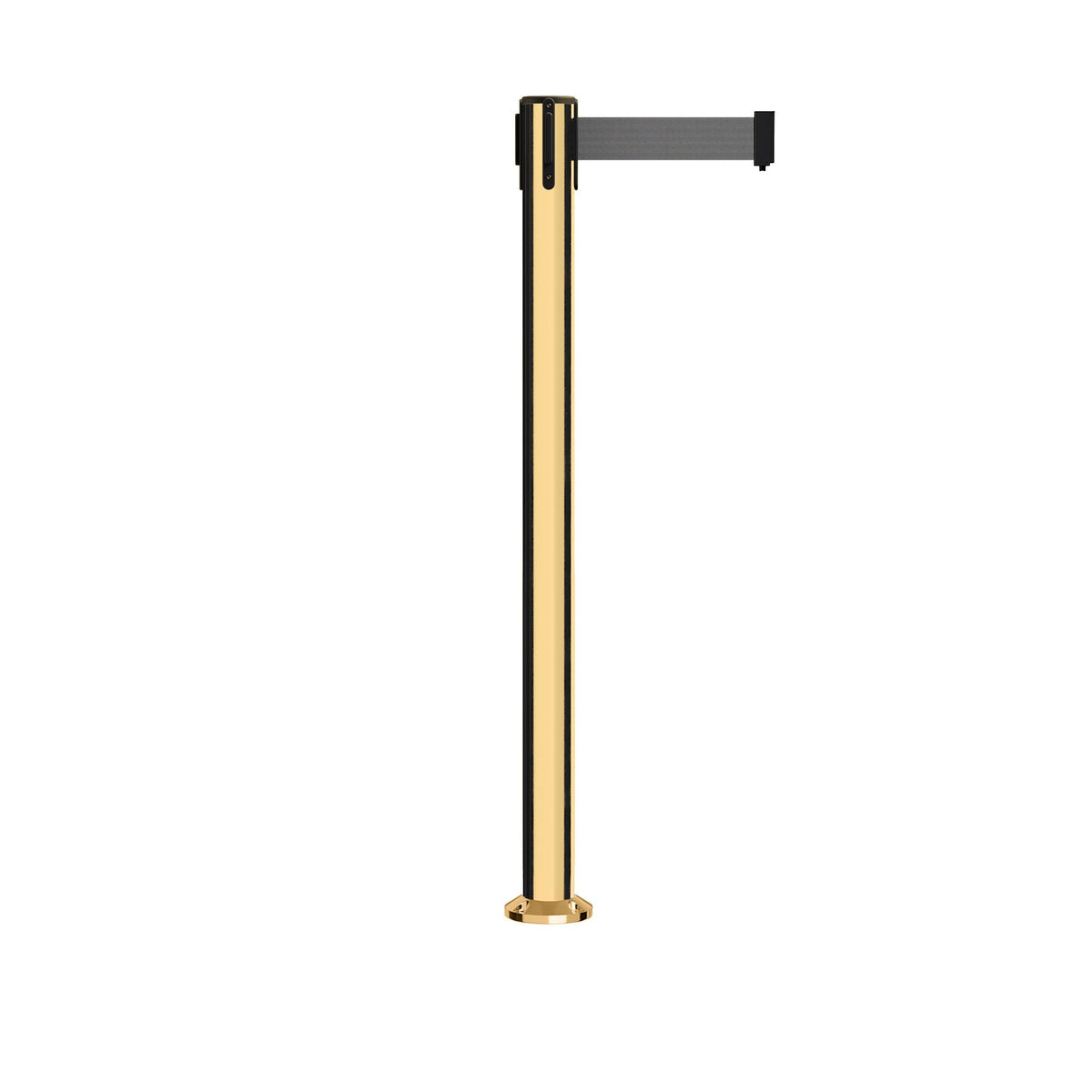 Retractable Belt Barrier Stanchion, Fixed Base, Polished Brass Post, 11 Ft. Belt - Montour Line MX630F - Crowd Control Warehouse