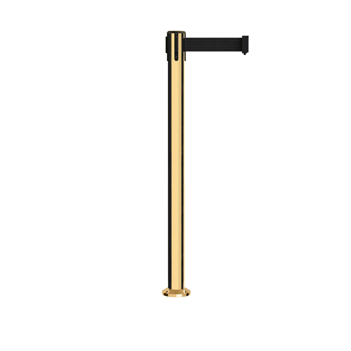 Retractable Belt Barrier Stanchion, Fixed Base, Polished Brass Post, 11 Ft. Belt - Montour Line MX630F - Crowd Control Warehouse