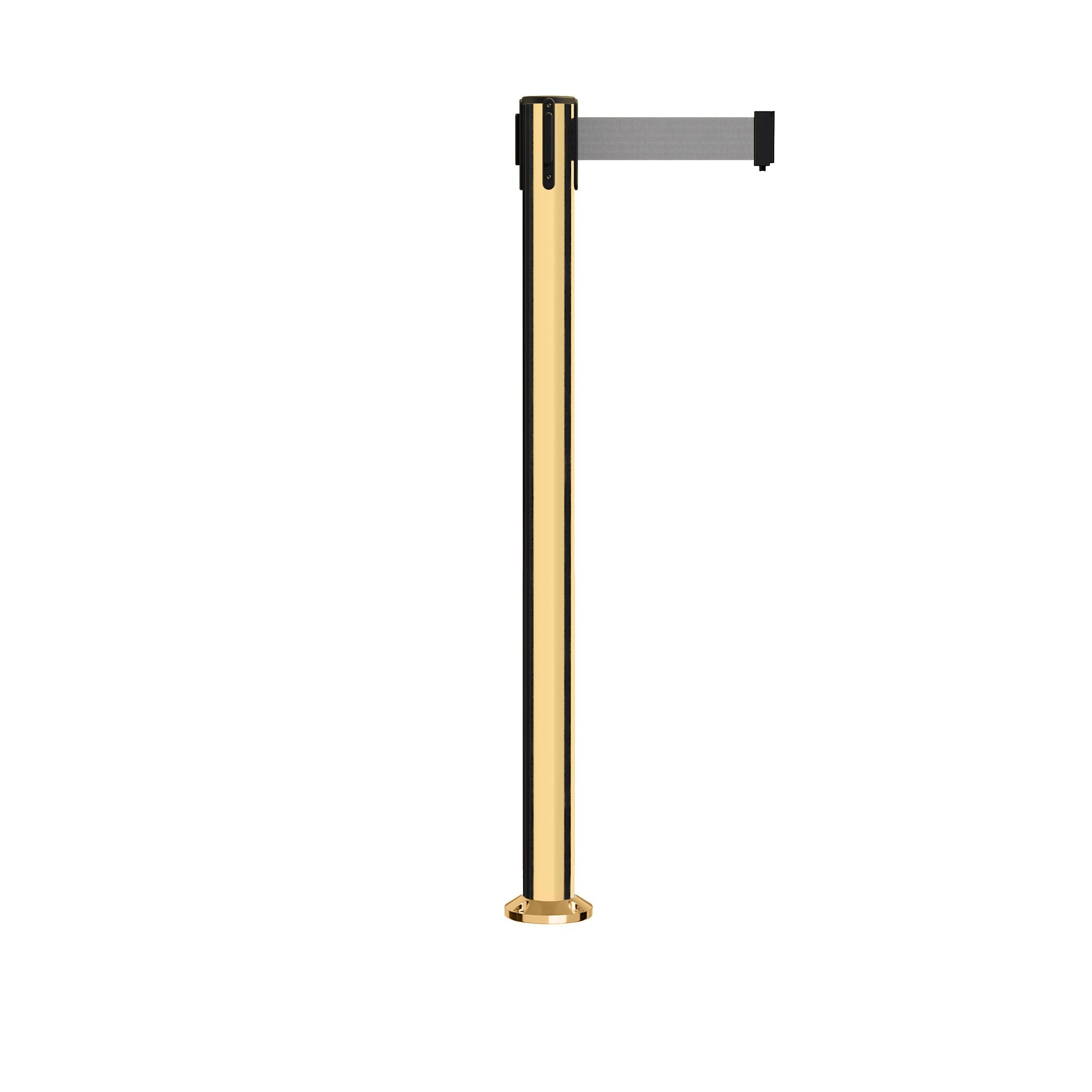 Retractable Belt Barrier Stanchion, Fixed Base, Polished Brass Post, 11 Ft. Belt - Montour Line MX630F - Crowd Control Warehouse