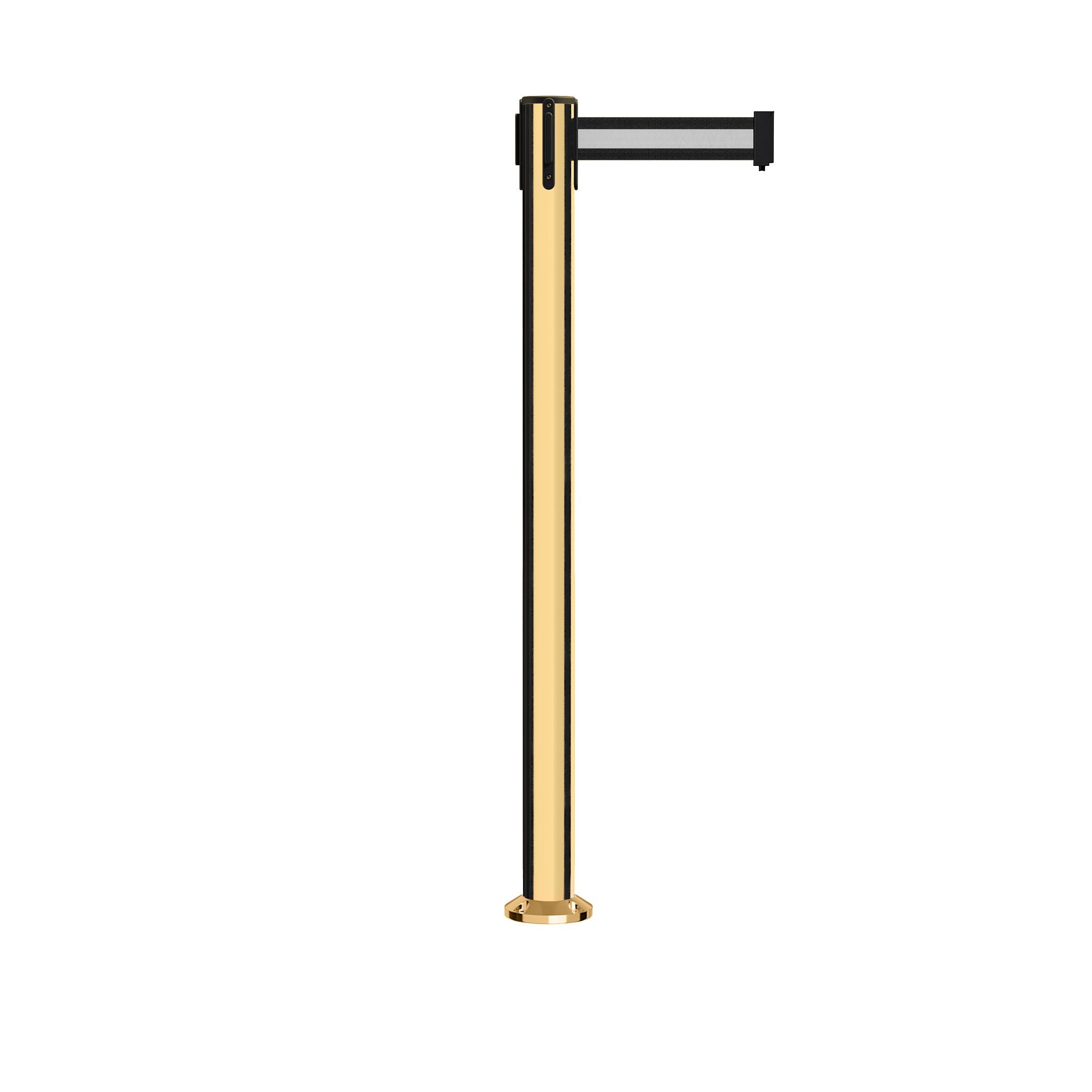 Retractable Belt Barrier Stanchion, Fixed Base, Polished Brass Post, 11 Ft. Belt - Montour Line MX630F - Crowd Control Warehouse