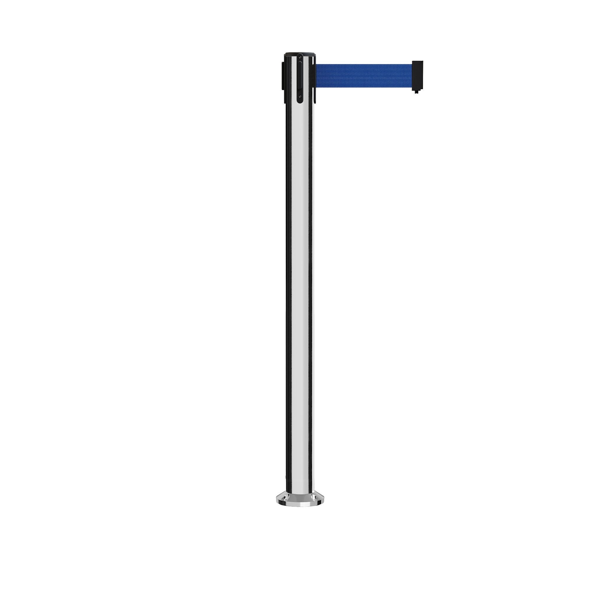 Retractable Belt Barrier Stanchion, Fixed Base, Polished Stainless Steel Post, 11 Ft. Belt - Montour Line MX630F - Crowd Control Warehouse